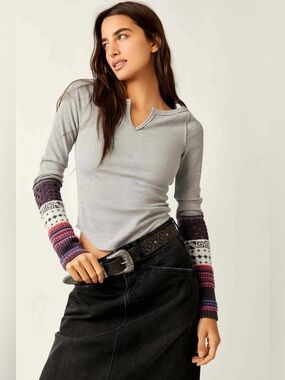 Free People We The Free Cozy Craft Cuff Long Sleeve Small Heather Grey Combo